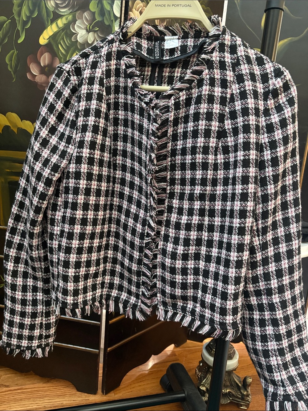 H&M Black & Pink Check Fringed Tweed Blazer